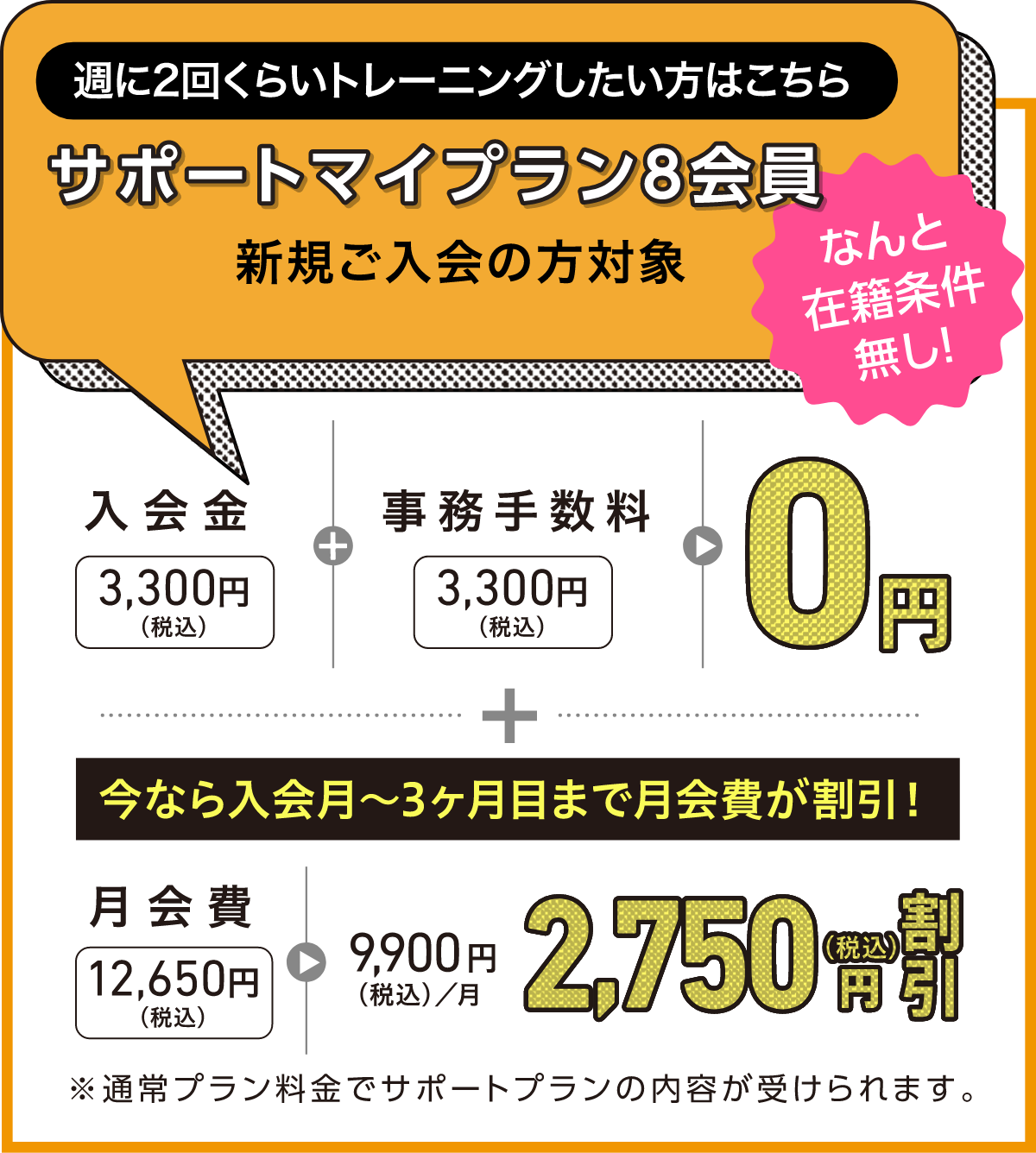 まずは半年スパンで始めてみたいあなた 6ヶ月継続キャンペーンがおすすめ!入会金3,300円(税込)+事務手数料3,300円(税込)が0円 ※6ヶ月の継続利用をお約束の方が対象となります。※継続期間内のご退会は違約金が発生します。※紹介キャンペーンとの併用不可。※退会後、1年以内のご入会は適応外。